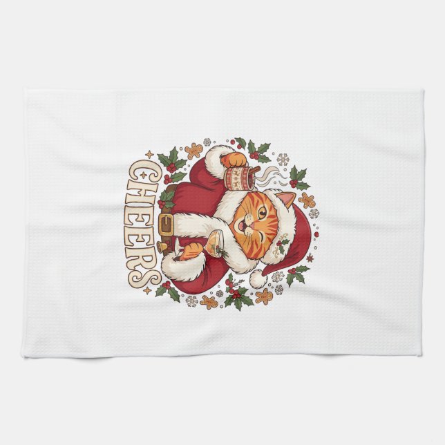 Cheers Christmas Orange Cat Santa Hat Drinks Ginge Kitchen Towel (Horizontal)
