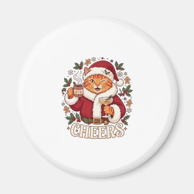 Cheers Christmas Orange Cat Santa Hat Drinks Ginge Magnet (Front)