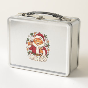 Cheers Christmas Orange Cat Santa Hat Drinks Ginge Metal Lunch Box