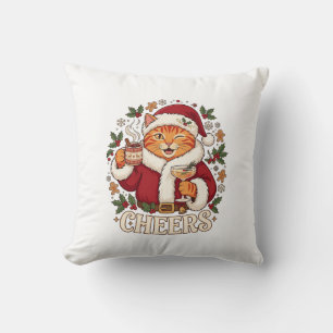 Cheers Christmas Orange Cat Santa Hat Drinks Ginge Throw Pillow