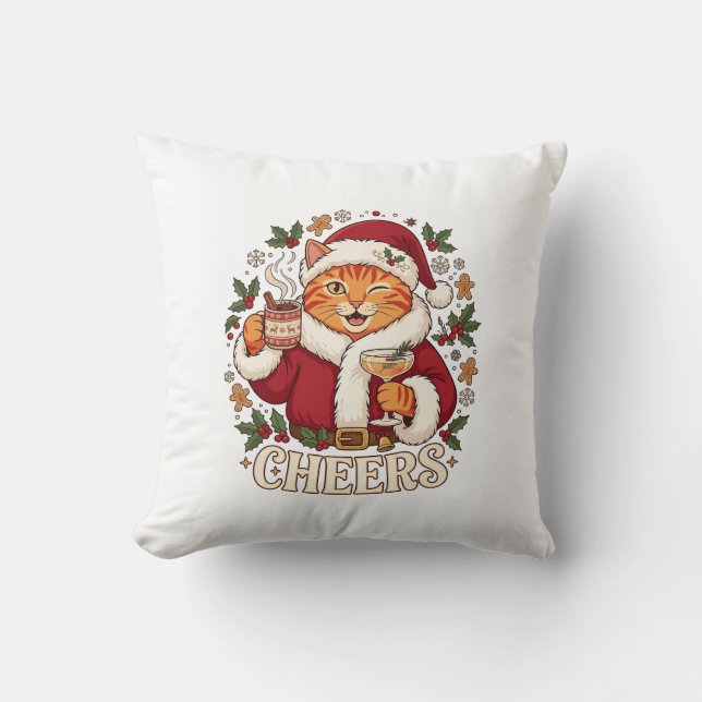 Cheers Christmas Orange Cat Santa Hat Drinks Ginge Throw Pillow (Front)
