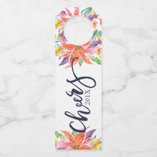 Cheers Christmas Typography Tropical Flowers Bottle Tag