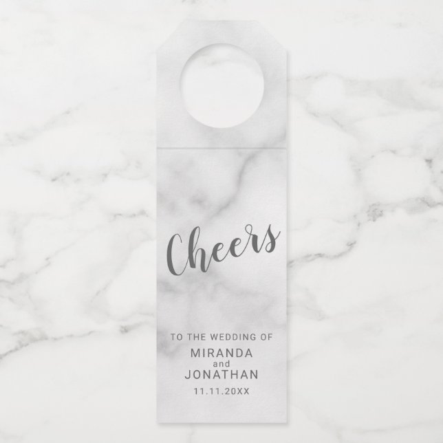 'Cheers' Classy Elegant Script Marble Wedding Bottle Tag (Front)