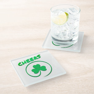 Cheers Clover Shamrock Irish Green St Patricks Day Glass Coaster