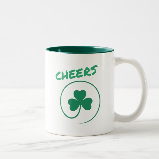 Cheers Clover Shamrock Irish Green St Patricks Day Two-Tone Coffee Mug (Right)