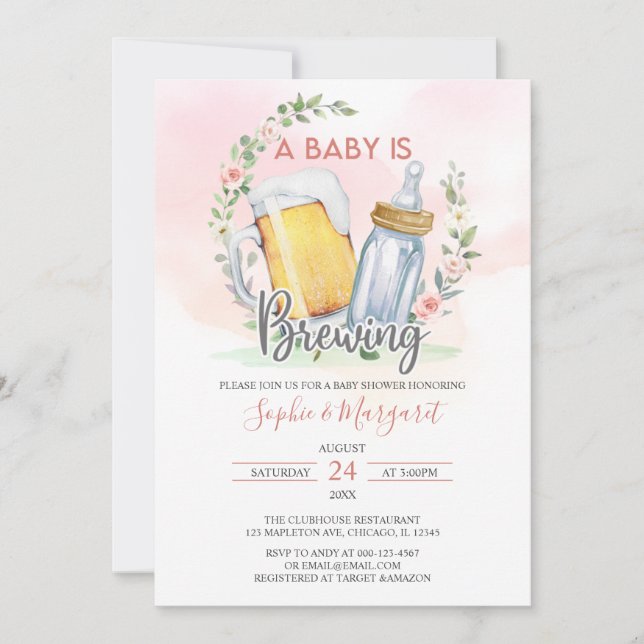 Cheers Coed Girl A Baby Is Brewing Baby Shower Invitation (Front)