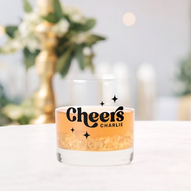 Cheers custom name retro stars whiskey glass (Insitu (Wedding))