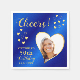 Cheers Custom Photo Blue and Gold 50th Birthday Napkin