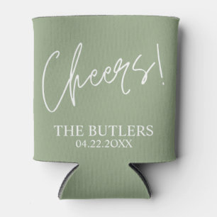Cheers! Custom Sage Green Wedding Can Cooler