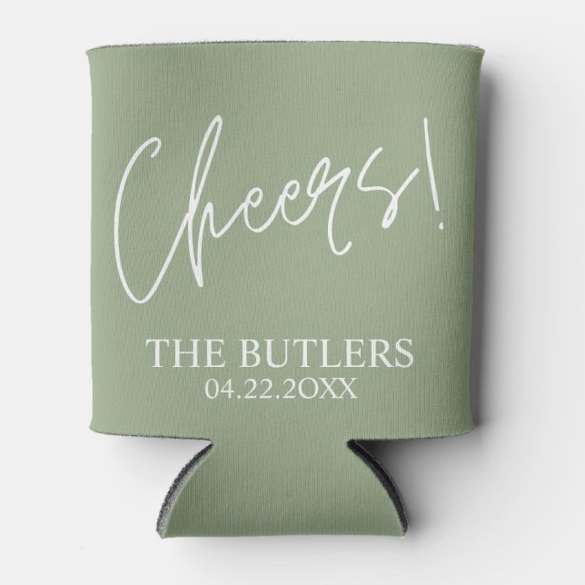 Cheers! Custom Sage Green Wedding Can Cooler (Front)
