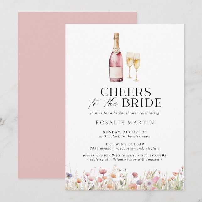 Cheers | Cute Girly Pink Champagne Bridal Shower Invitation (Front/Back)