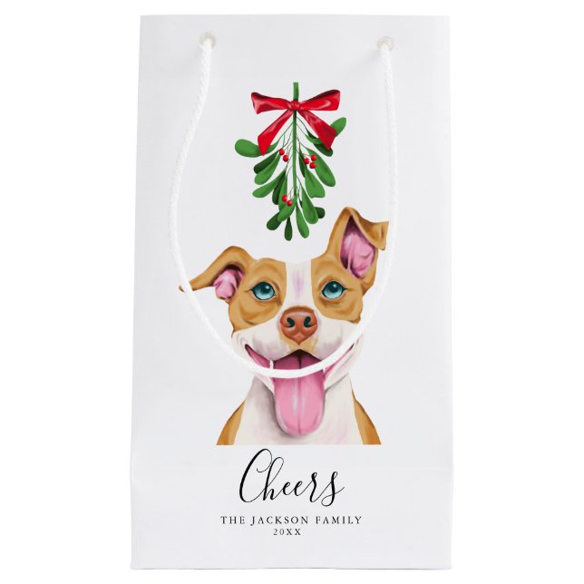 Cheers Cute Pitbull Dog and Mistletoe Christmas Small Gift Bag (Front)