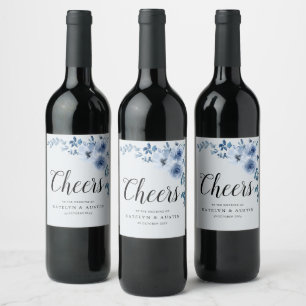 CHEERS   dusty blue floral wedding Wine Label