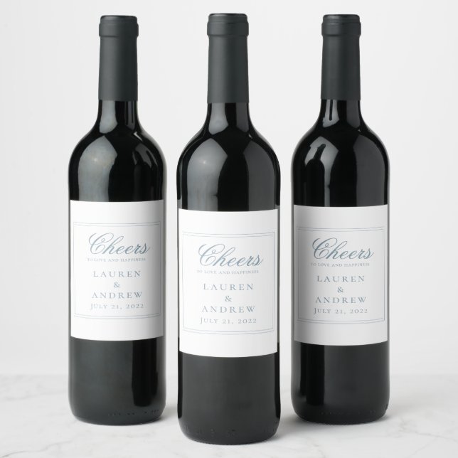 Cheers Dusty Blue Modern Minimalist Wedding Wine Label (Bottles)