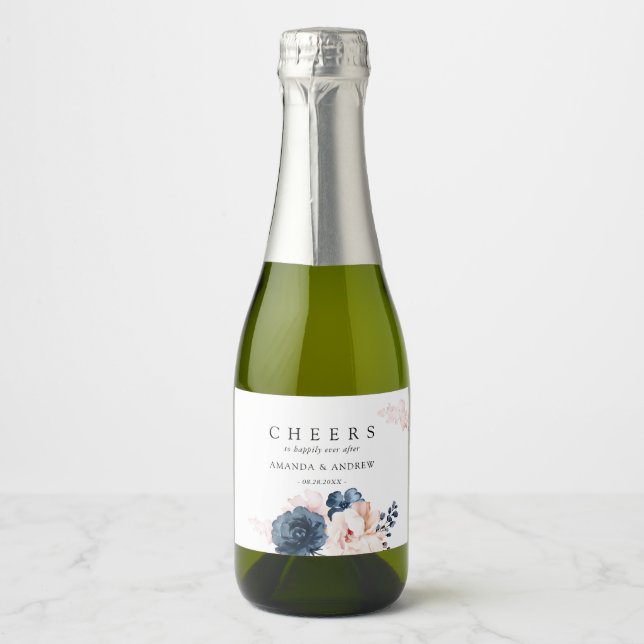 Cheers Dusty Blue, Pink Floral Wedding Modern Sparkling Wine Label (Front)