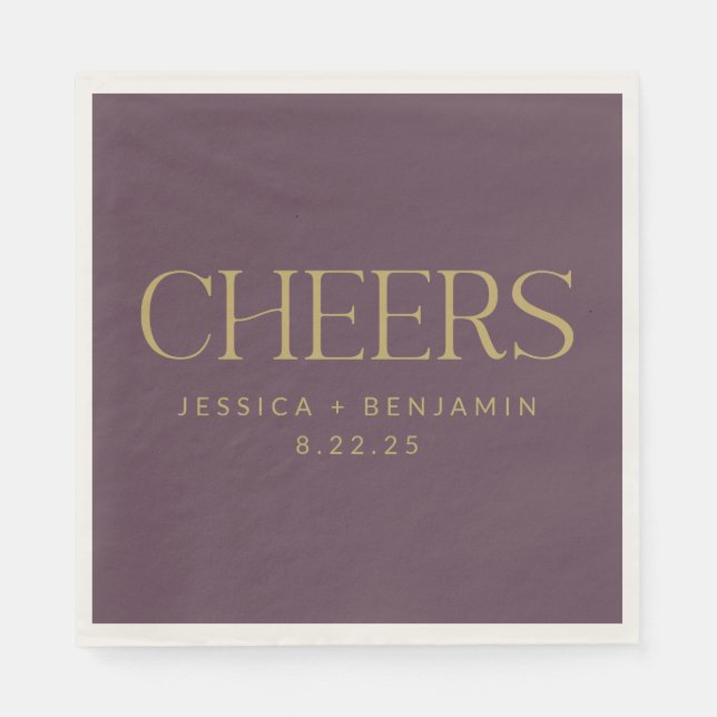Cheers Elegant Aubergine Gold Typography Wedding Napkin (Front)