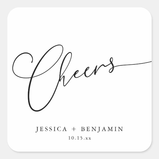 Cheers Elegant Black White Script Custom Wedding Square Sticker (Front)