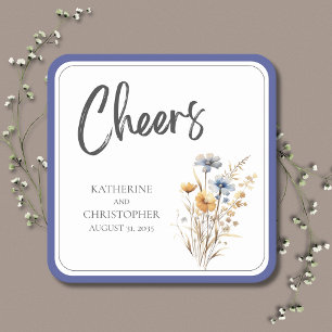 Cheers Elegant Blue Wildflower Floral Wedding Square Paper Coaster