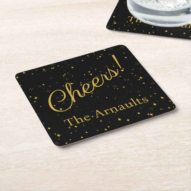 Cheers! Elegant Personalized Black Square Paper Coaster (Angled)