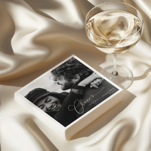 Cheers Elegant Photo Script Names Modern Wedding Napkin