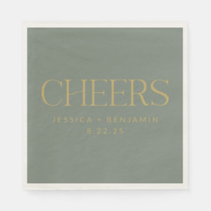 Cheers Elegant Sage with Gold Typography Wedding Napkin