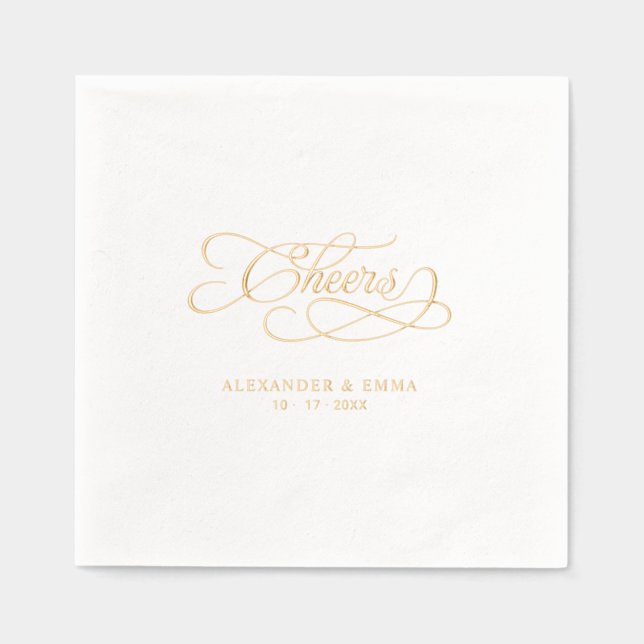 Cheers Elegant Wedding Calligraphy Real Gold Foil Napkins (Front)