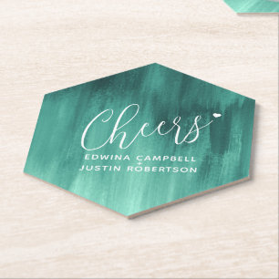 Cheers emerald green modern art wash paper coaster