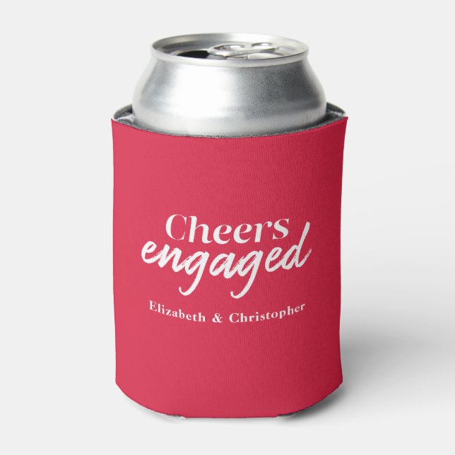 Cheers Engaged Red Typography Engagement Party Can Cooler (Can Front)