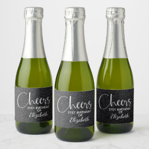 Cheers Faux Black GLITTER Birthday Mini Sparkling Wine Label