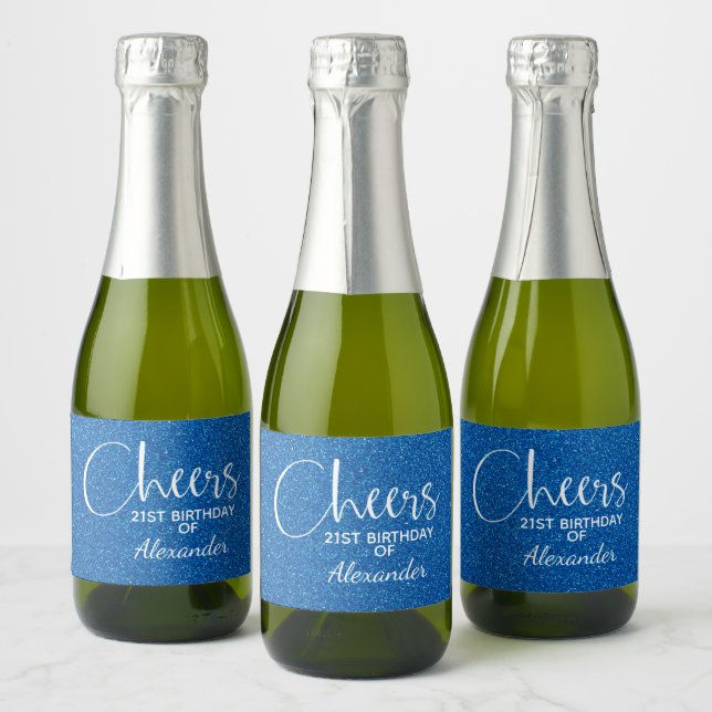 Cheers Faux Blue GLITTER Birthday Mini Sparkling Wine Label (Bottles)