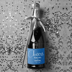 Cheers Faux BLUE GLITTER Wedding Mini Sparkling Wine Label