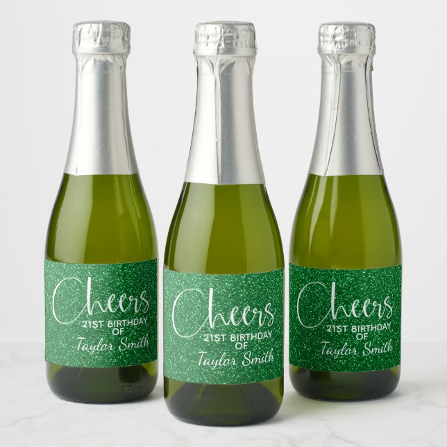 Cheers Faux Green GLITTER Birthday Mini Sparkling Wine Label (Bottles)