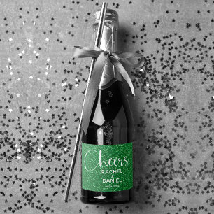 Cheers Faux GREEN GLITTER Wedding Mini Sparkling Wine Label