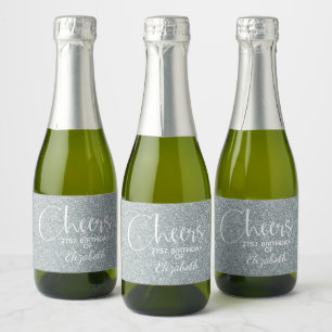Cheers Faux Silver GLITTER Birthday Mini Sparkling Wine Label