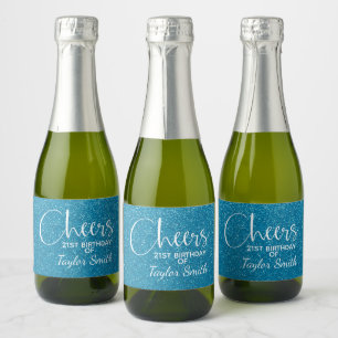Cheers Faux Turquoise GLITTER Birthday Mini Sparkling Wine Label