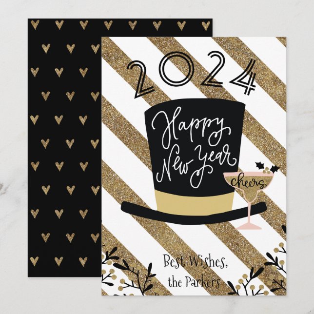 Cheers | Festive Gold Stripe Happy New Year Holiday Card (Front/Back)