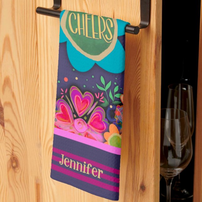 Cheers Floral Fun Colourful Personalized Name Kitchen Towel (Creator Uploaded)