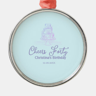 Cheers forty happy birthday cake blue purple name  metal ornament