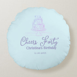 Cheers forty happy birthday cake blue purple name round pillow