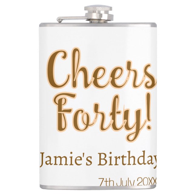 Cheers forty orange brown calligraphy birthday nam hip flask (Front)