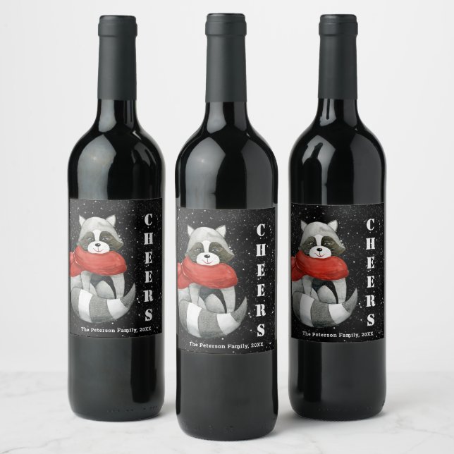 Cheers Funny Christmas Raccoon Wine Labe Wine Label (Bottles)