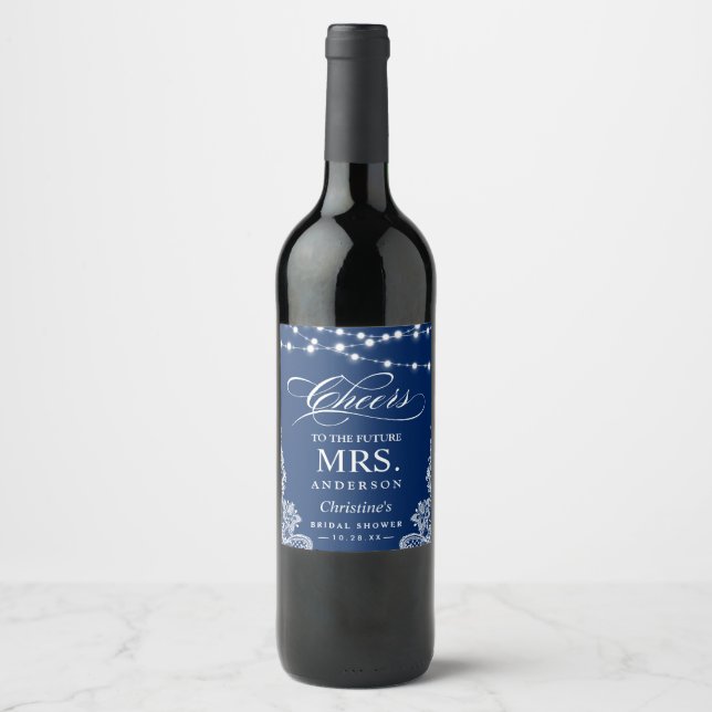 Cheers Future MRS Navy Blue String Lights Lace Wine Label (Front)