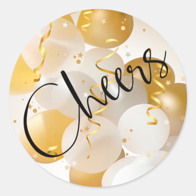Cheers Gold and White Balloons Classic Round Sticker (Front)