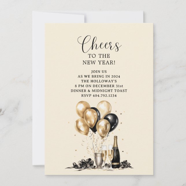 Cheers Gold Black New Year Party Invitation (Front)