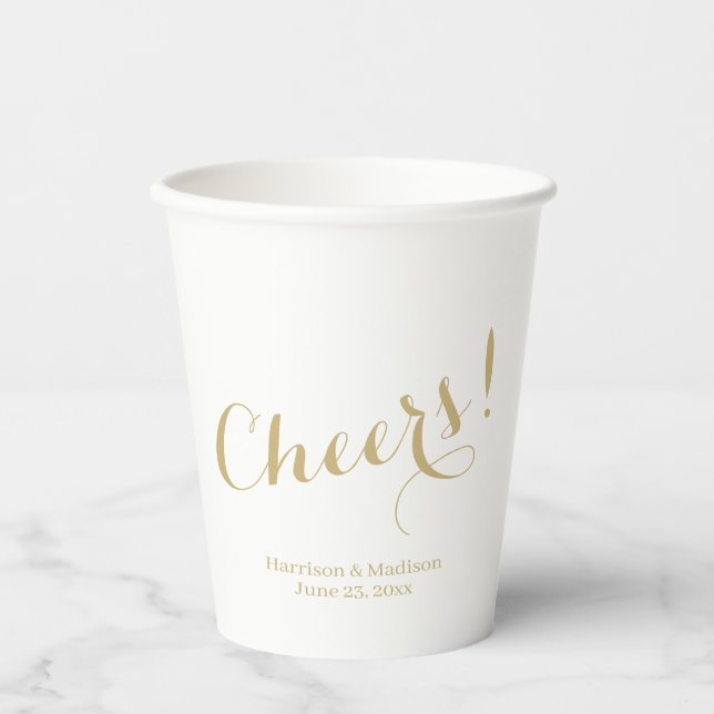Cheers gold custom script names elegant Wedding Paper Cups (Front)