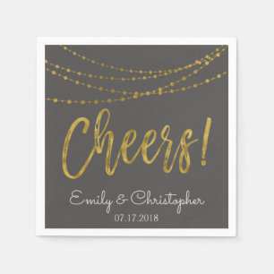 Cheers Gold Foil String Lights and Charcoal Grey Napkin