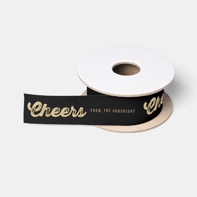 Cheers Gold Glitter Custom Name Holiday Ribbon Satin Ribbon (Spool)