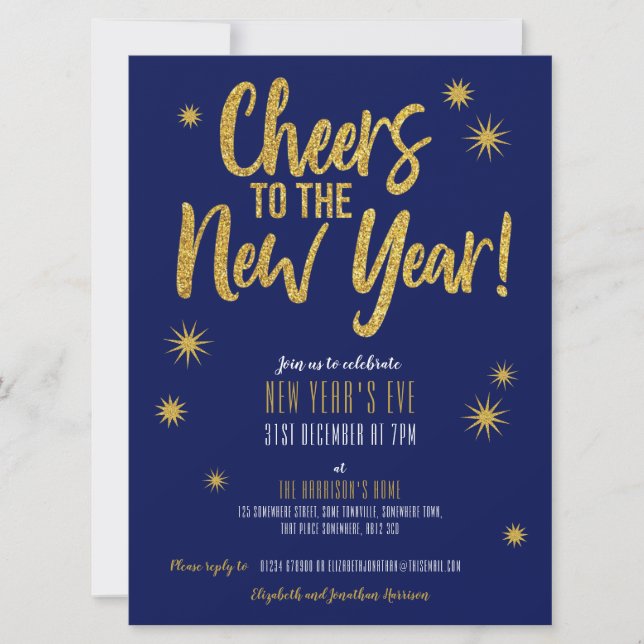 Cheers Gold Glitter New Year's Eve Invitation (Front)