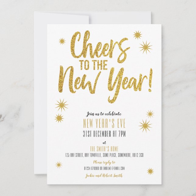 Cheers Gold New Year's Eve invitation (Front)