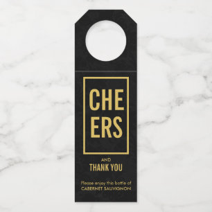 Cheers Gold on Black Damask Bottle Tag